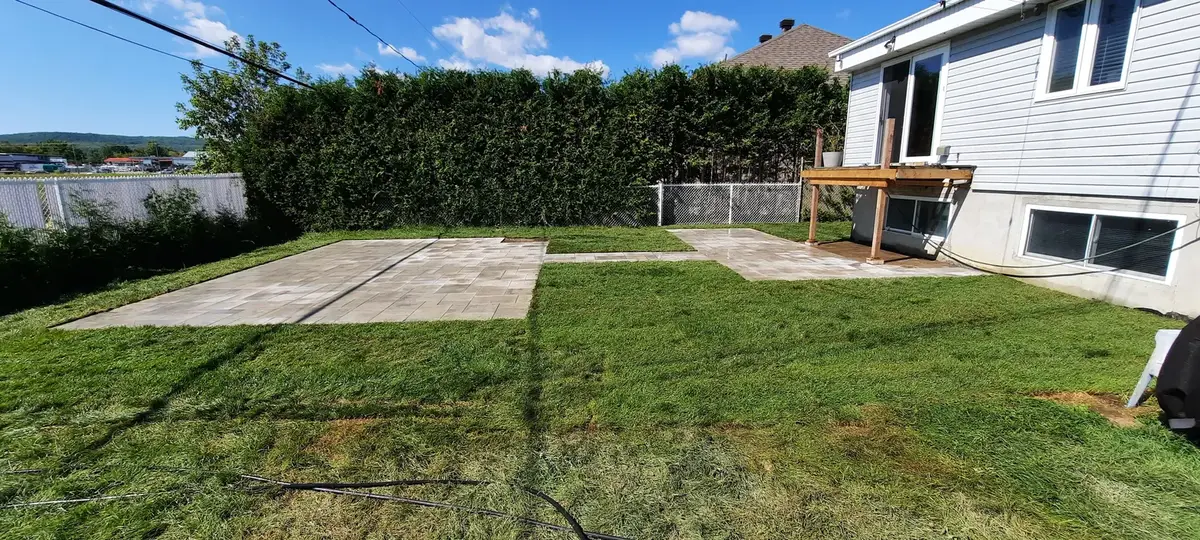 Patio arrière en pavé-uni avec gazon